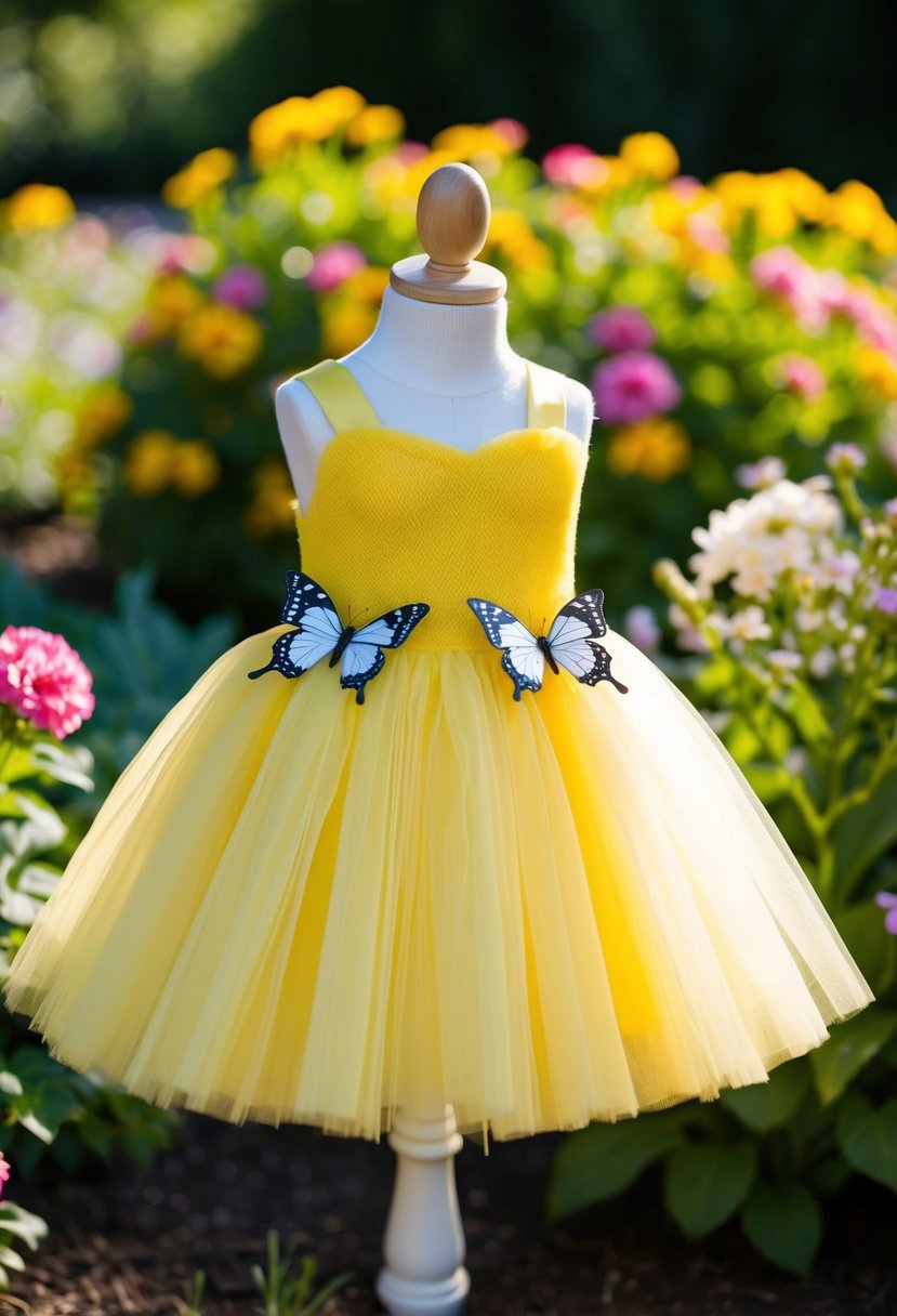 A sunny garden with a child-sized yellow tulle dress adorned with butterfly bows, surrounded by blooming flowers