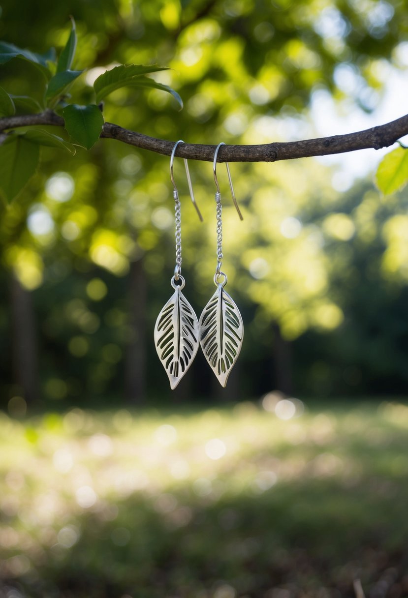 A serene forest clearing, dappled sunlight filtering through the leaves. A delicate pair of leaf-shaped drop earrings dangle from a low-hanging branch