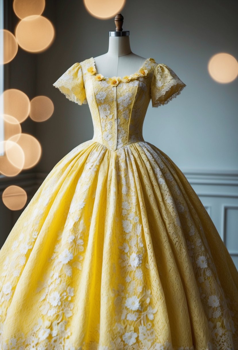 A vintage lace princess dress in yellow, adorned with delicate floral patterns and a full, flowing skirt, evoking a sense of elegance and charm