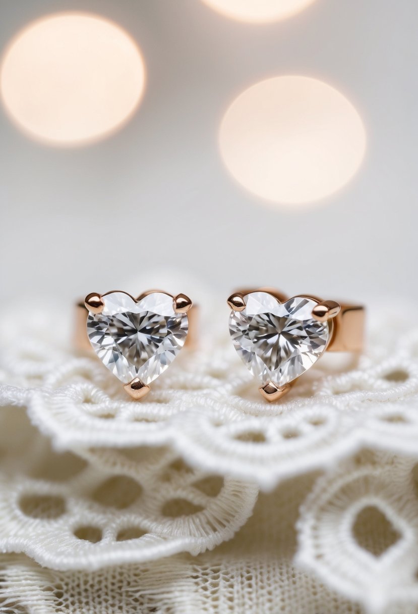 Two delicate heart-shaped diamond studs on a white lace background