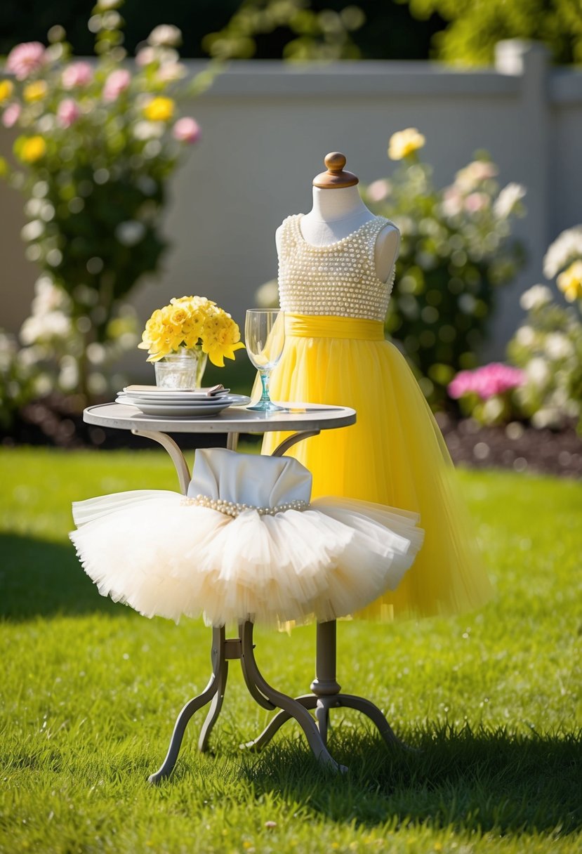 A sunlit garden with a small table adorned with a pearl ivory tutu dress and yellow wedding dress for kids, surrounded by blooming flowers