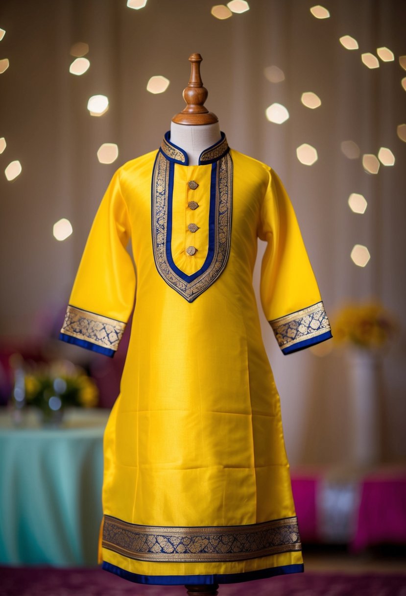 A vibrant yellow silk kurta with contrasting trim, adorned with intricate patterns and designs, perfect for a kids' wedding attire