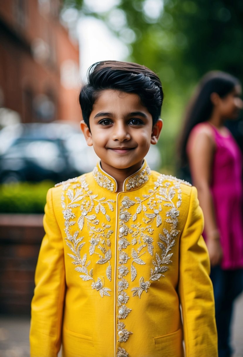 A vibrant yellow sherwani jacket with intricate embroidery, perfect for a kids' wedding outfit