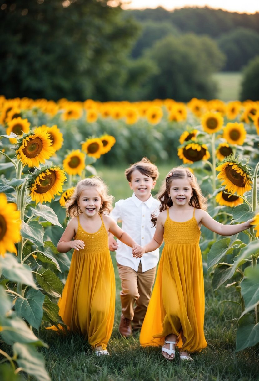 A whimsical outdoor wedding with kids playing in a field, surrounded by sunflowers and wearing boho yellow maxi dresses