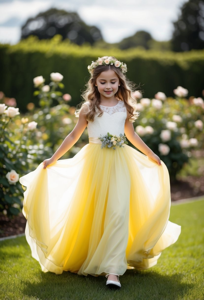 A young girl in a flowing yellow wedding dress, with a crown of flowers in her hair, twirling in a garden surrounded by roses