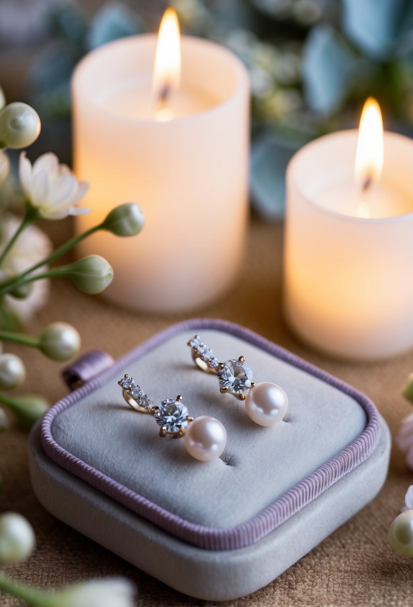 A delicate pair of pearl and diamond earrings laid out on a velvet cushion, surrounded by soft candlelight and floral decorations