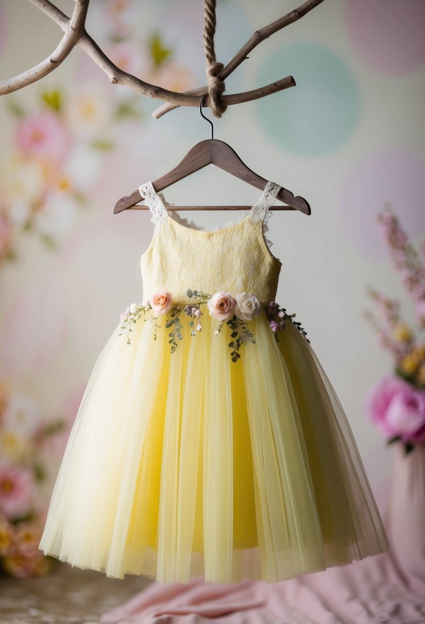 A light yellow tulle frock hangs on a rustic wooden hanger, adorned with delicate lace and floral details, set against a backdrop of soft, pastel hues