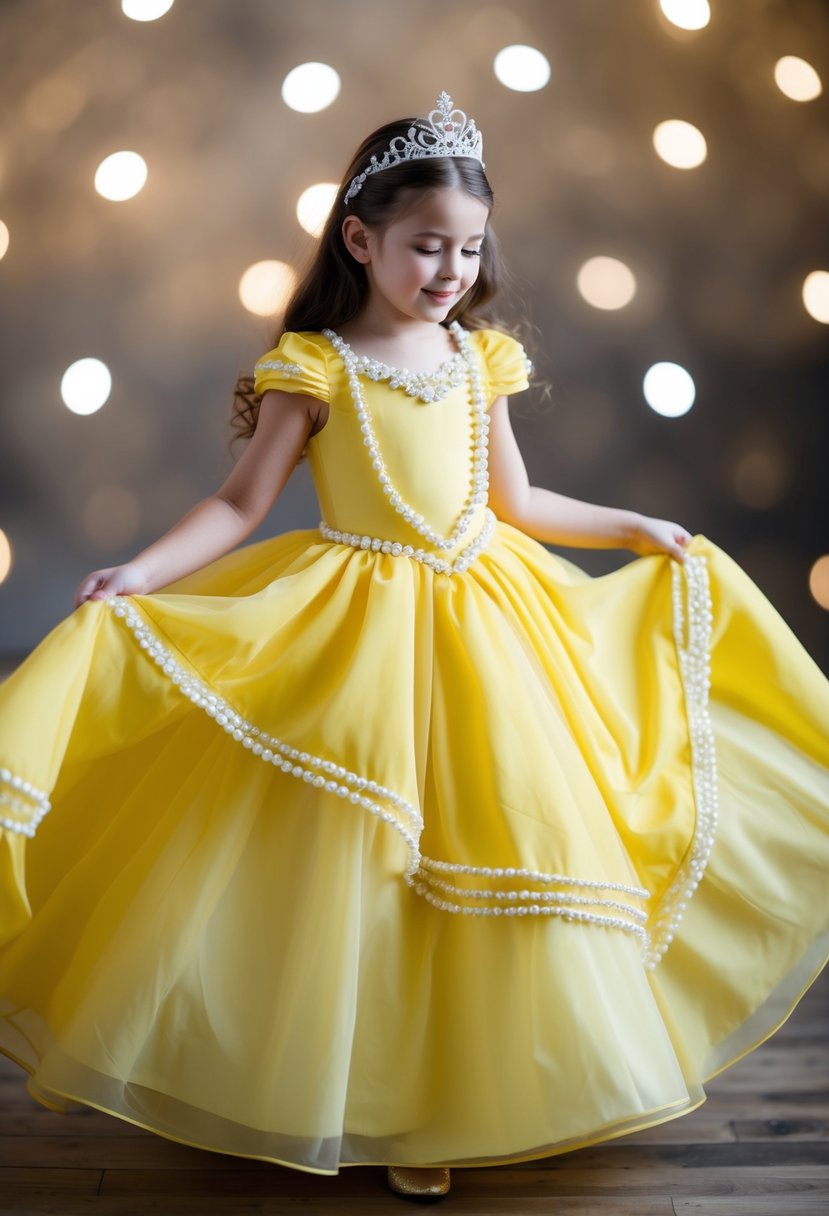 A young girl twirls in a flowing yellow princess dress, adorned with ivory and pearl accents, her imagination bringing the gown to life