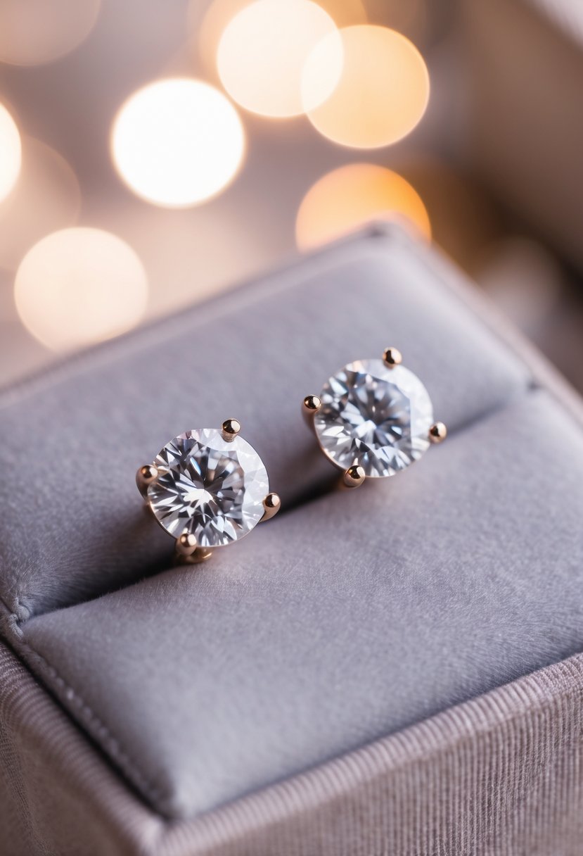 A close-up of delicate diamond stud earrings displayed on a velvet cushion, with soft lighting to highlight their shimmer and elegance