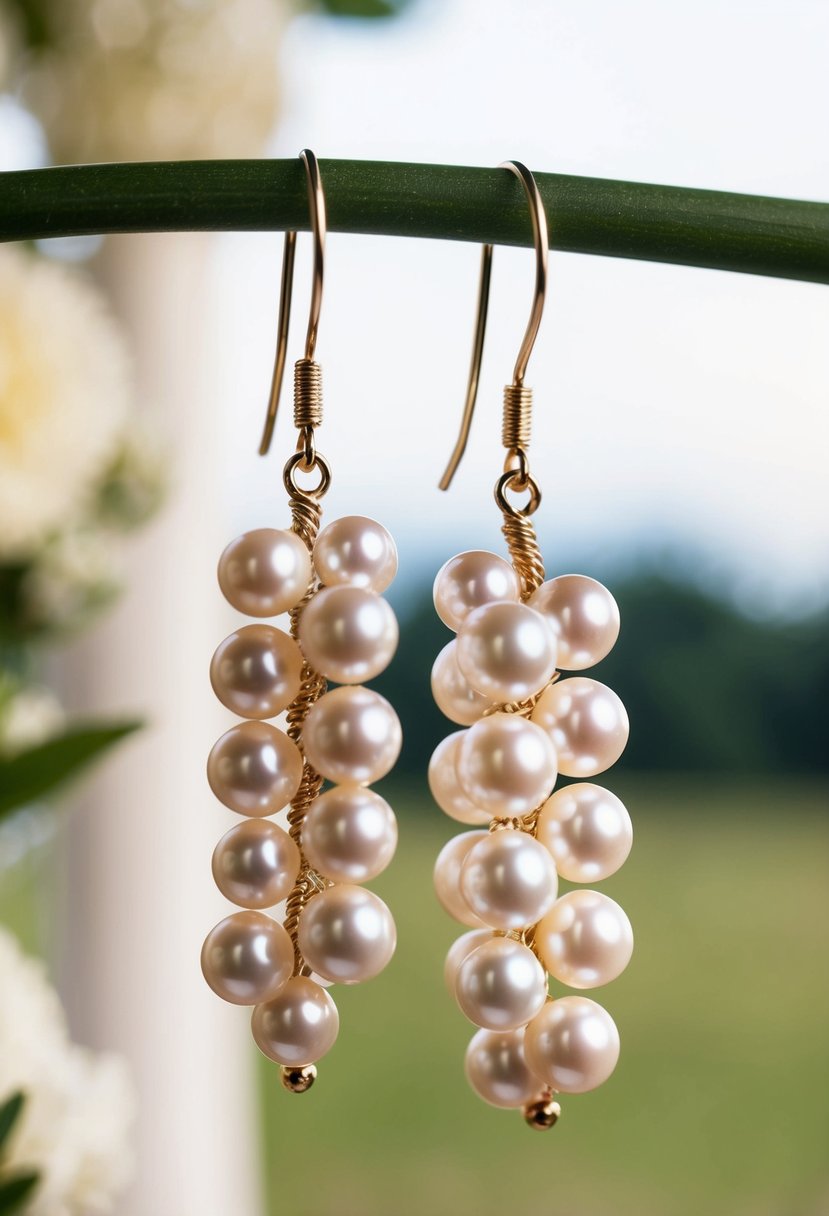 A pair of elegant pearl cluster earrings suspended from a delicate hook, catching the light in a romantic wedding setting