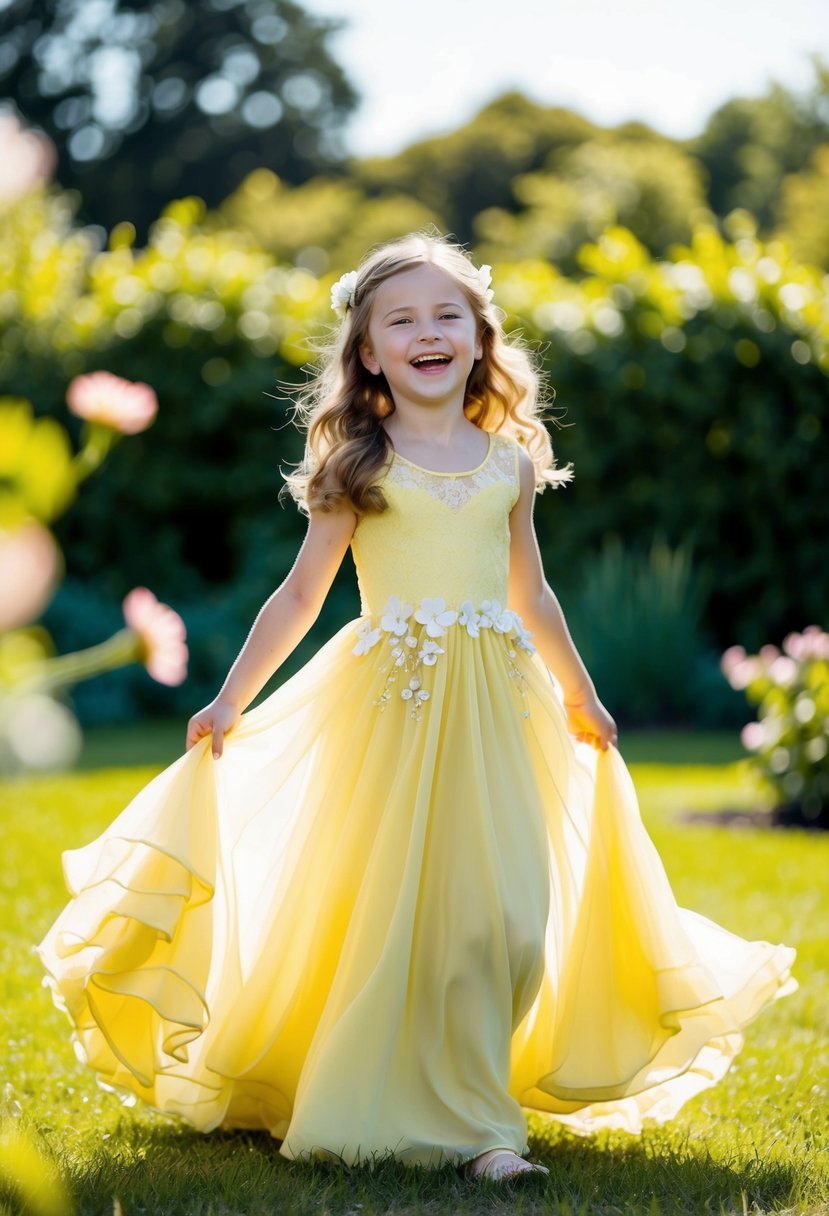 A young girl twirls in a sunny garden, wearing a flowing yellow gown with delicate lace details. The dress is adorned with dainty flowers, and the girl's laughter fills the air