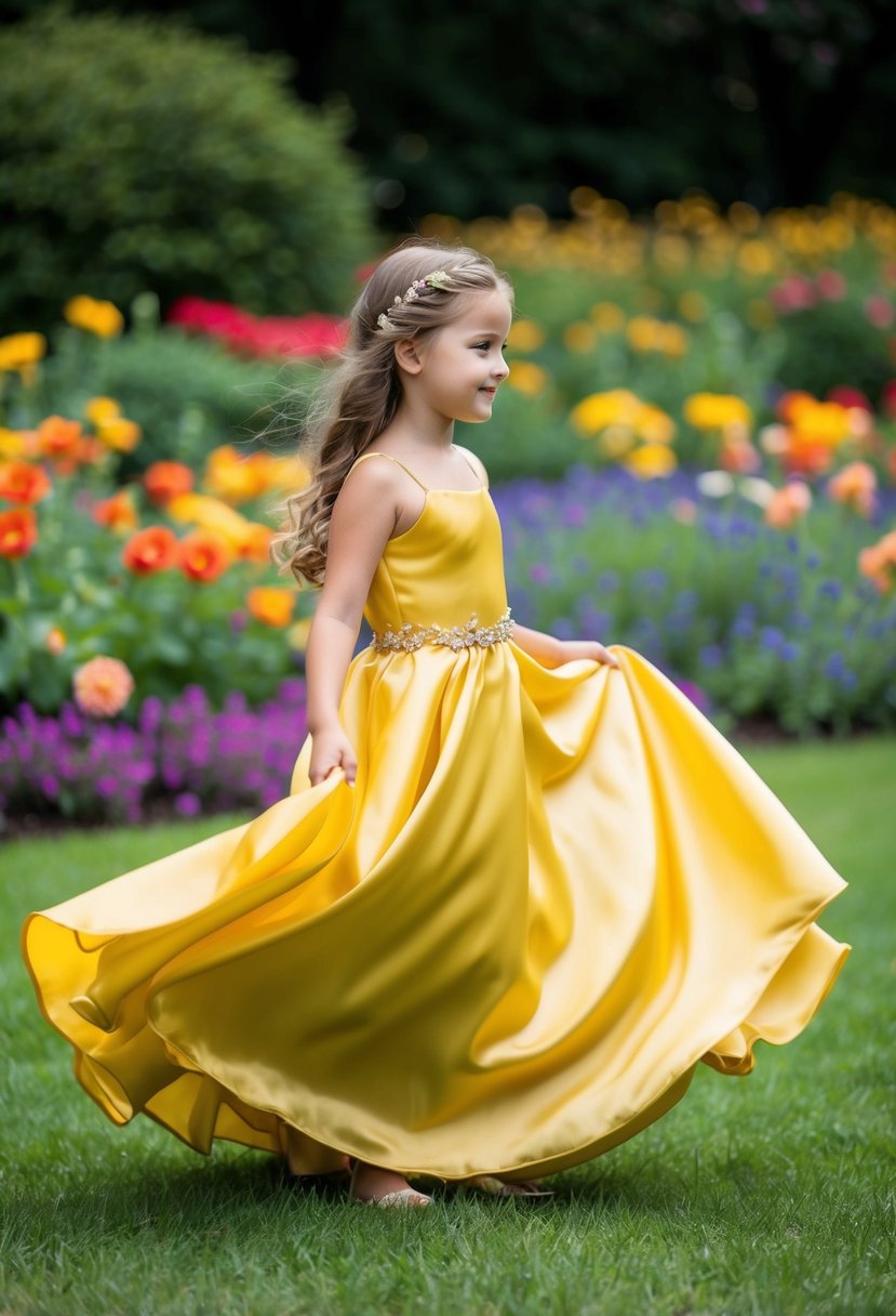 A young girl twirls in a flowing yellow satin gown, surrounded by a garden of colorful flowers