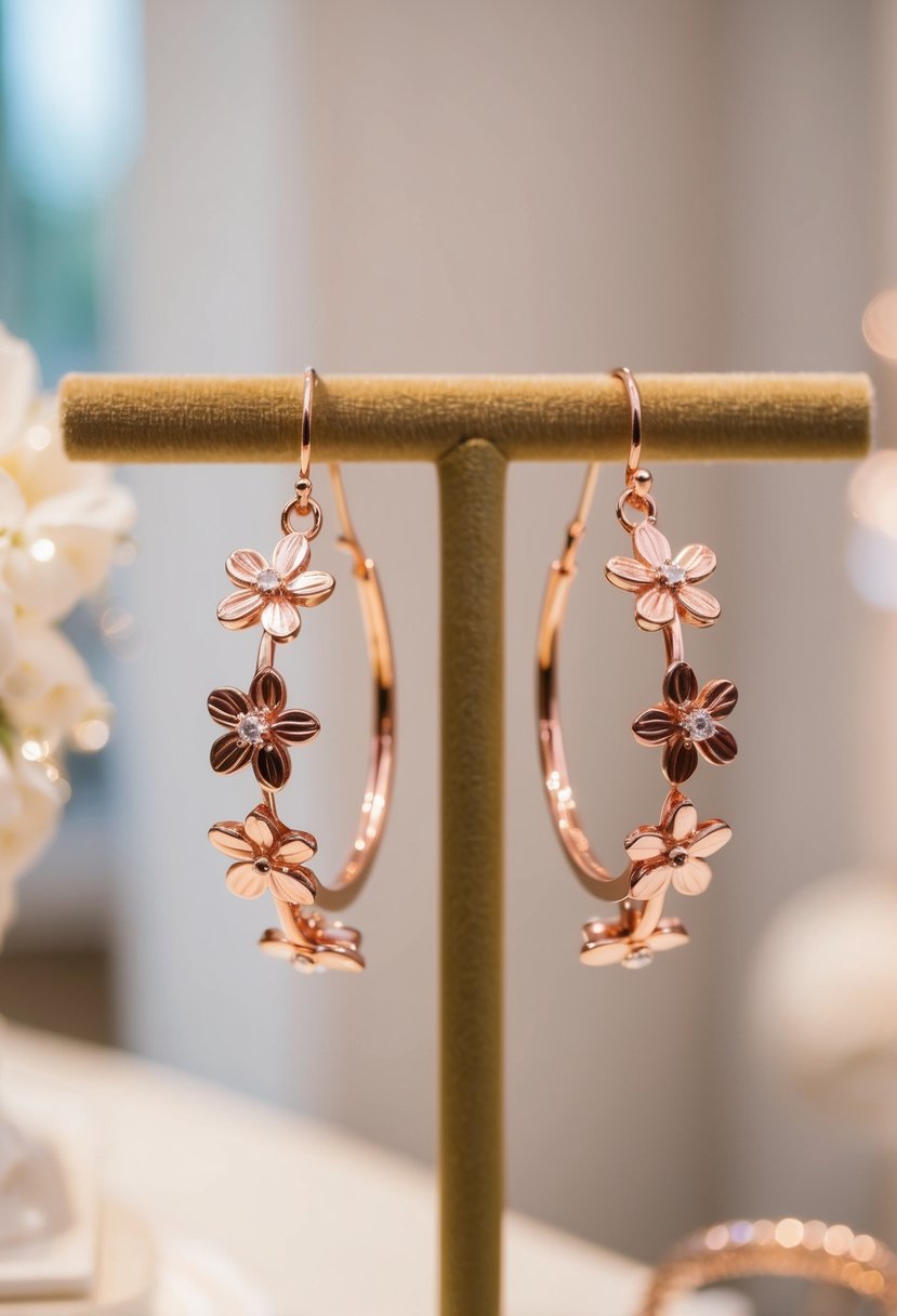 A delicate pair of rose gold blossom hoops dangle from a velvet jewelry display, catching the light in a softly lit bridal boutique