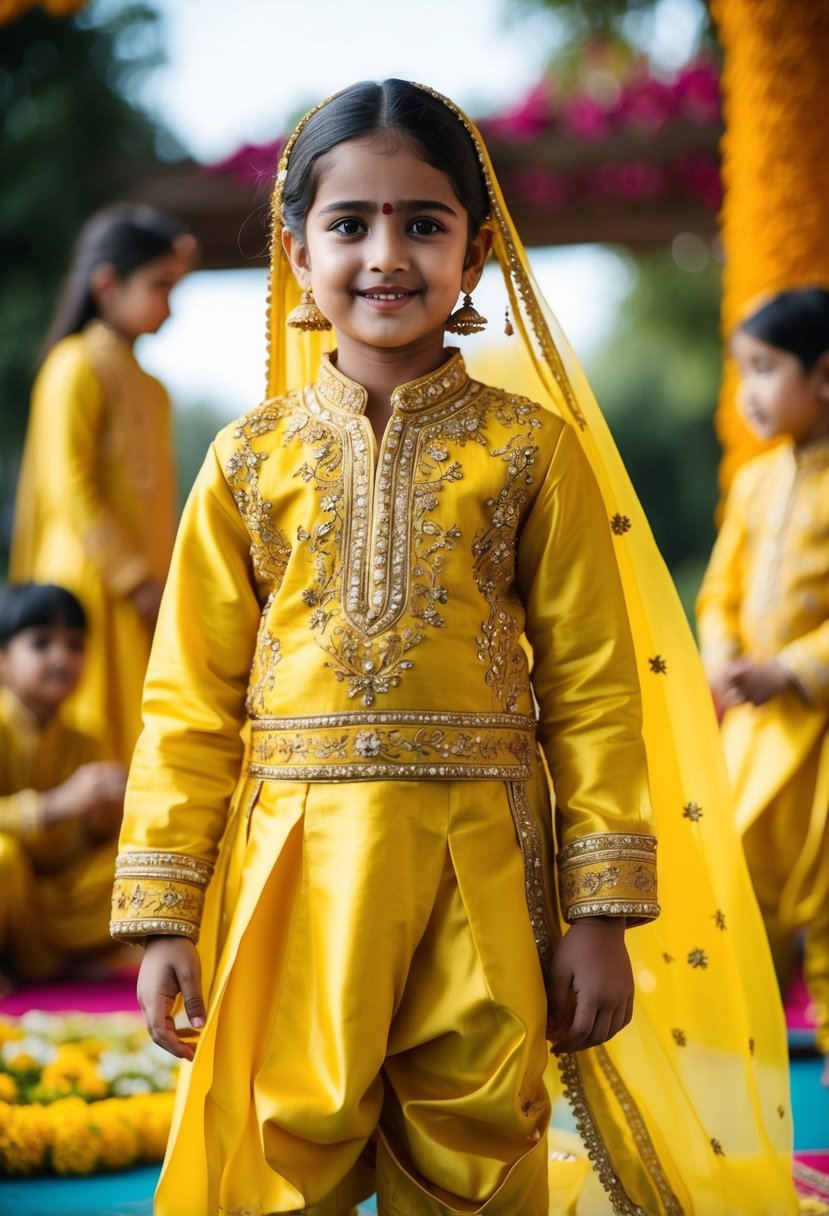 A sunny, silk haldi outfit in vibrant yellow, designed for kids, with intricate embroidery and flowing fabric