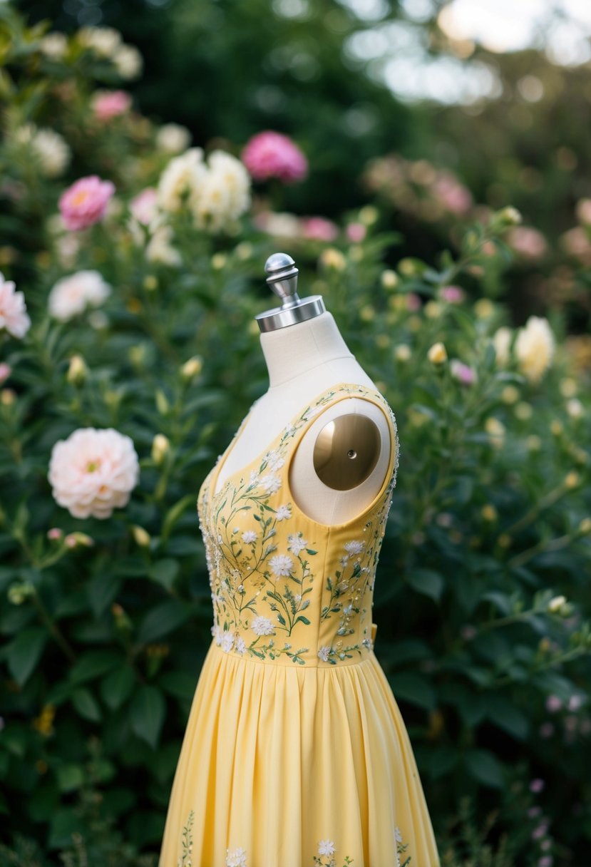 A dainty yellow dress adorned with delicate floral embroidery, set against a backdrop of lush greenery and blooming flowers