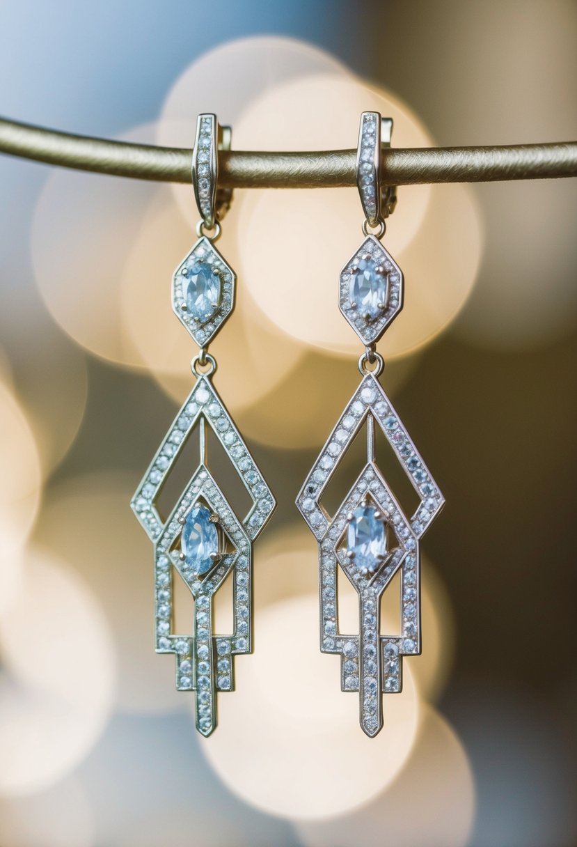 A pair of elegant vintage Art Deco drop earrings, featuring intricate geometric patterns and sparkling gemstones, perfect for a glamorous bride