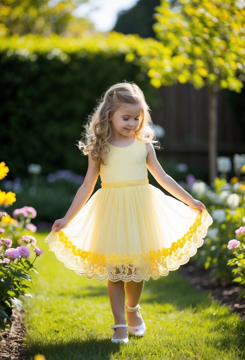 A young girl twirls in a sunny garden wearing a delicate yellow lace hem dress, surrounded by blooming flowers