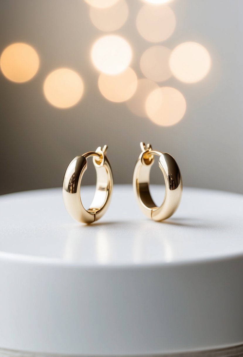 A pair of simple, elegant huggie earrings displayed on a clean, white surface with soft lighting