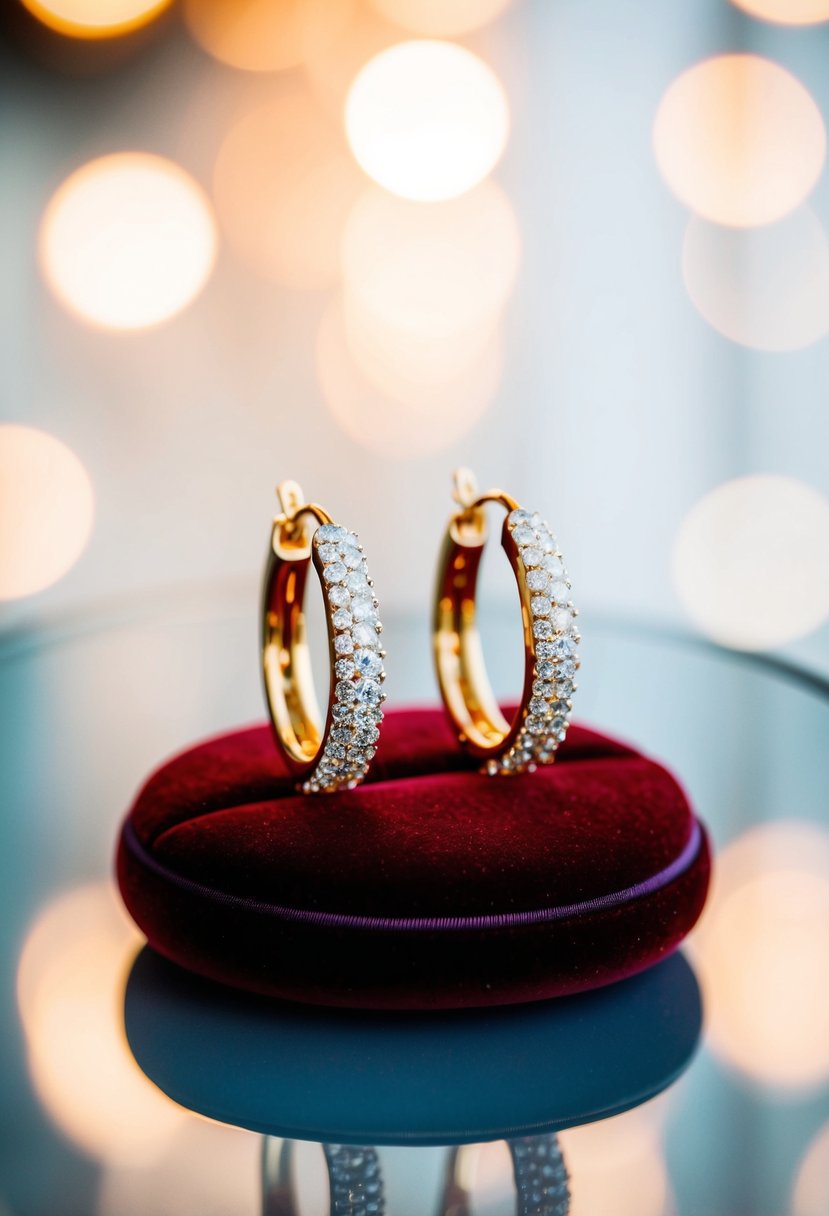 A sparkling pair of gold wedding earrings displayed on a velvet cushion