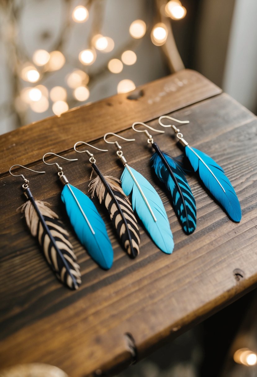 A collection of bohemian feather dangle earrings displayed on a rustic wooden table with soft natural lighting