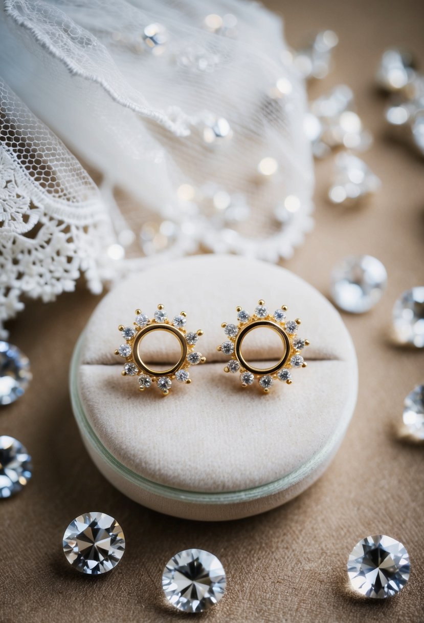 Two delicate gold stud earrings resting on a soft velvet cushion, surrounded by sparkling crystals and a lace veil