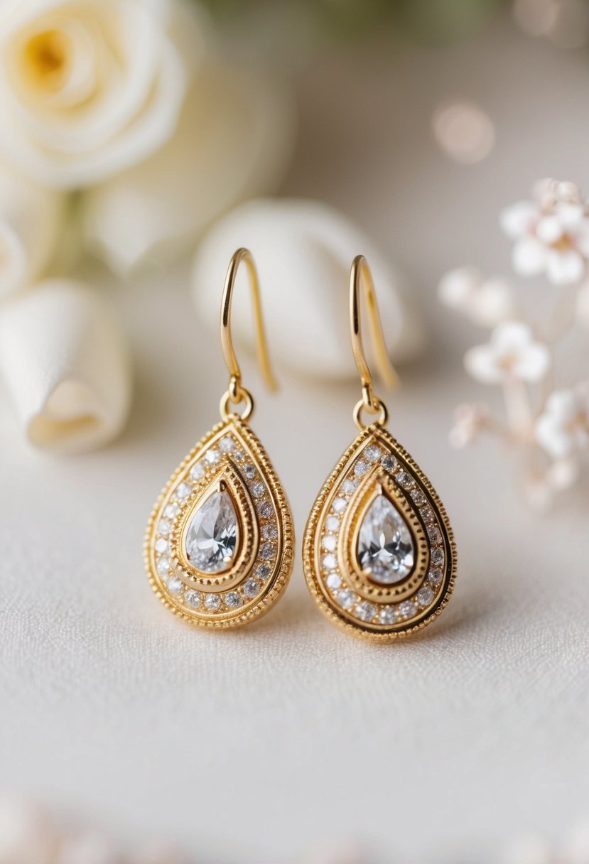 A close-up of a pair of elegant gold teardrop earrings, with intricate detailing and sparkling gemstones, set against a soft, romantic background