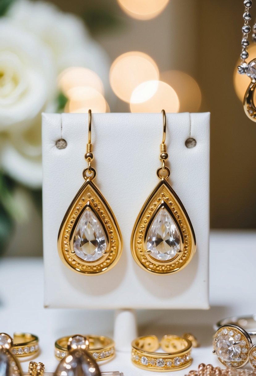 A pair of elegant gold teardrop dangle earrings hanging from a display, surrounded by other wedding jewelry ideas