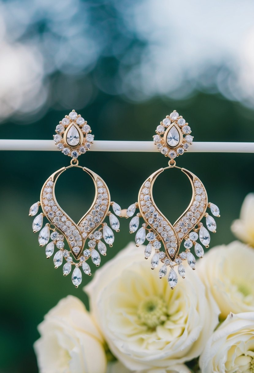 A pair of bold, asymmetrical statement earrings featuring intricate designs and sparkling gemstones, perfect for a modern bride's wedding day