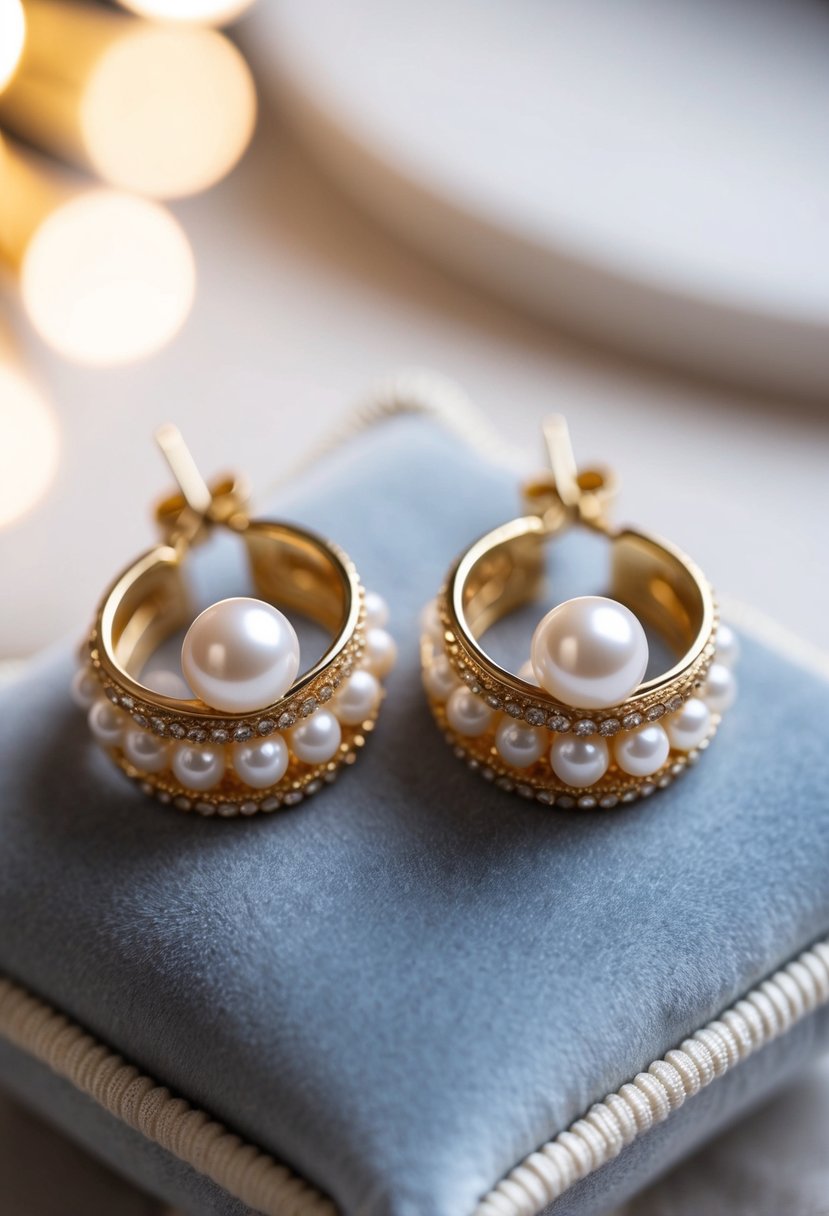 A close-up of pearl-embedded gold earrings on a velvet cushion, with soft lighting to highlight their intricate details