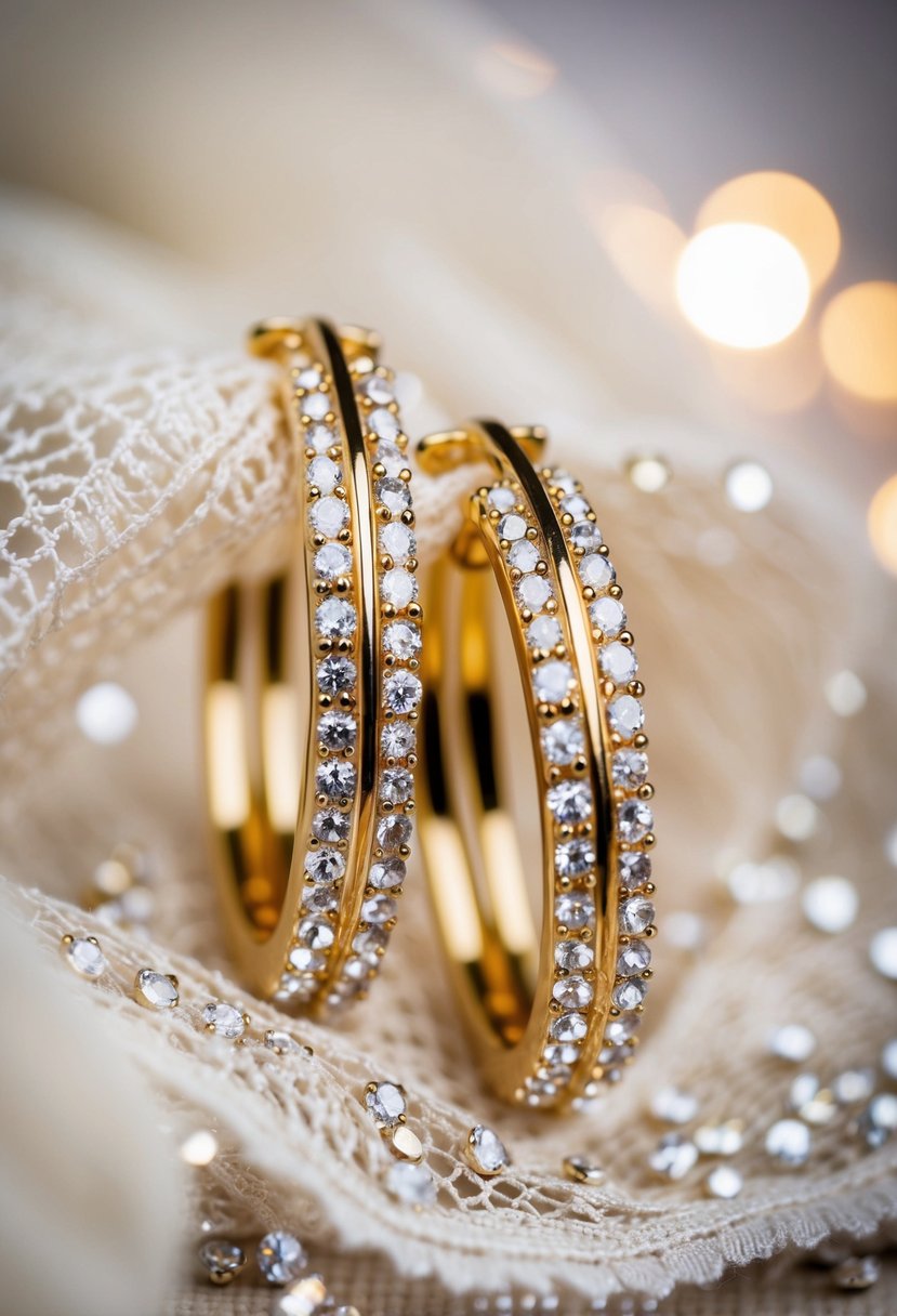 A pair of elegant rhinestone hoop earrings glinting under soft lighting, surrounded by delicate lace and shimmering fabric