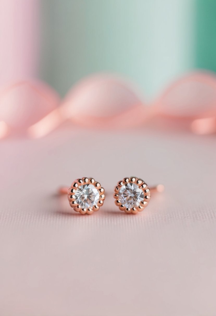 A close-up of rose gold wedding studs against a soft, pastel backdrop