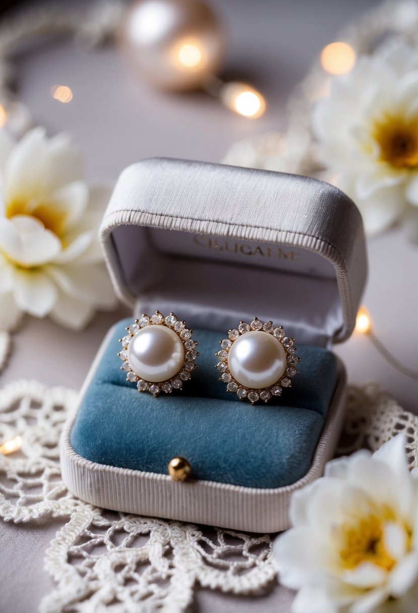 A pair of elegant pearl stud earrings displayed on a velvet cushion, surrounded by soft lighting and delicate lace