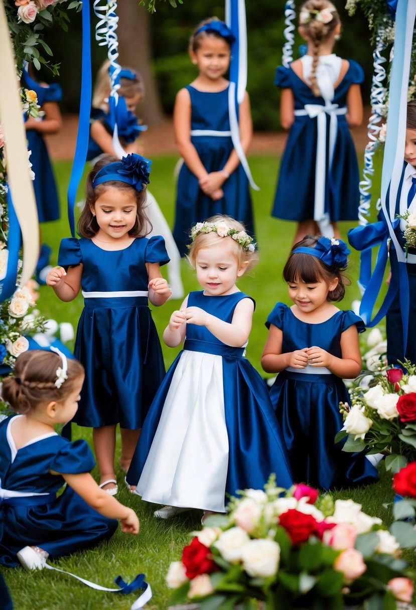 A group of children playing dress-up in navy blue wedding attire, surrounded by flower arrangements and decorative ribbons