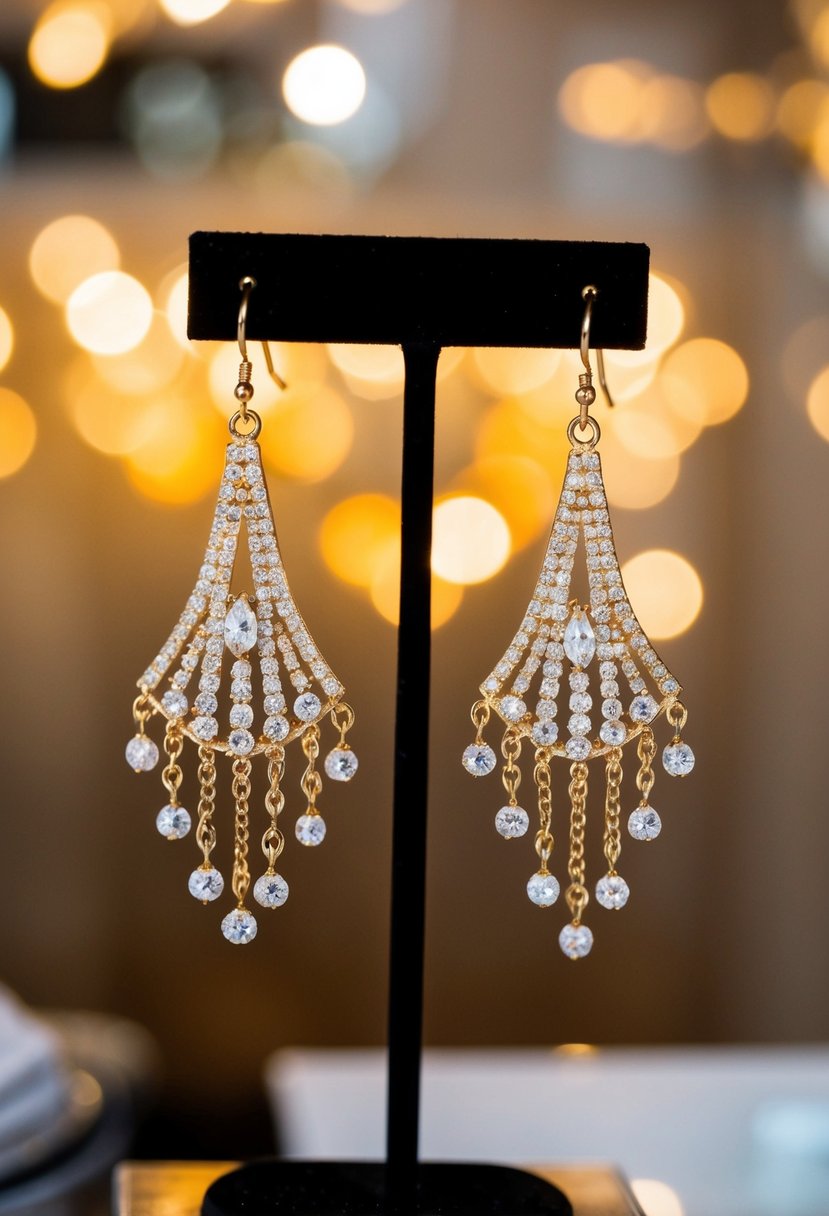 A pair of sparkling gold chandelier earrings dangle delicately from a display stand, catching the light and casting a warm glow