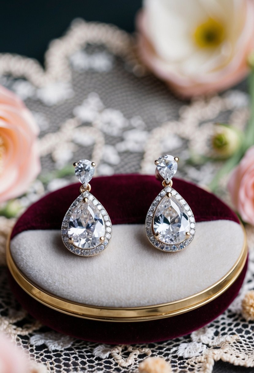 A pair of teardrop-shaped CZ earrings sparkle on a velvet cushion, surrounded by delicate lace and floral accents