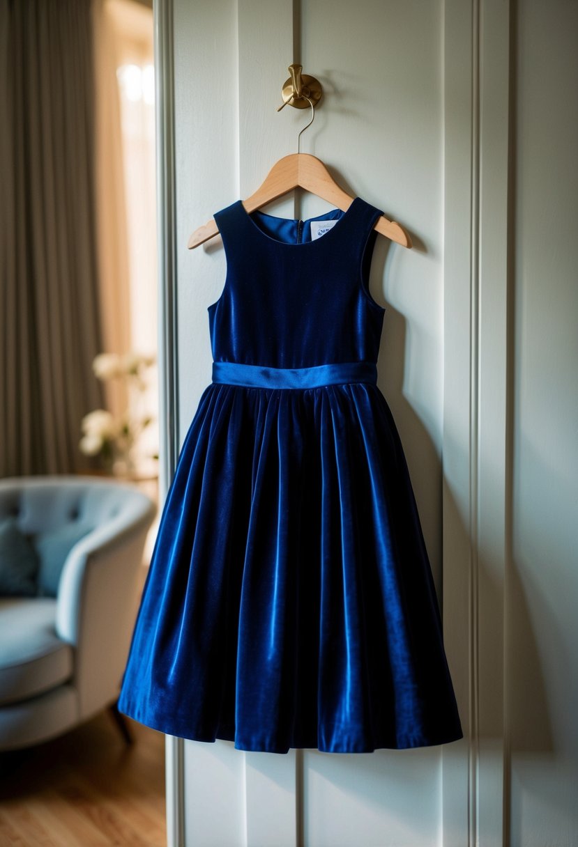 A navy blue velvet flower girl dress displayed on a hanger in a softly lit room