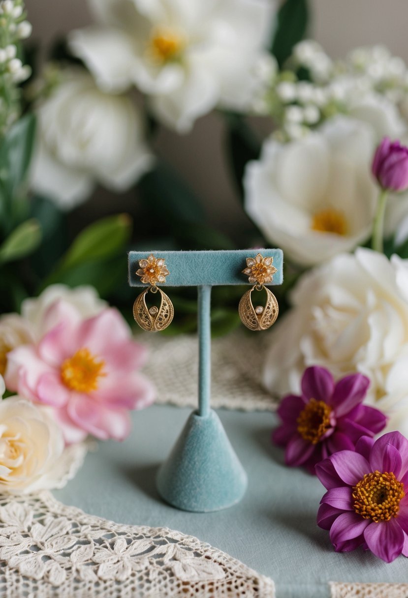 A vintage-inspired pair of gold earrings displayed on a velvet jewelry stand, surrounded by delicate lace and floral accents