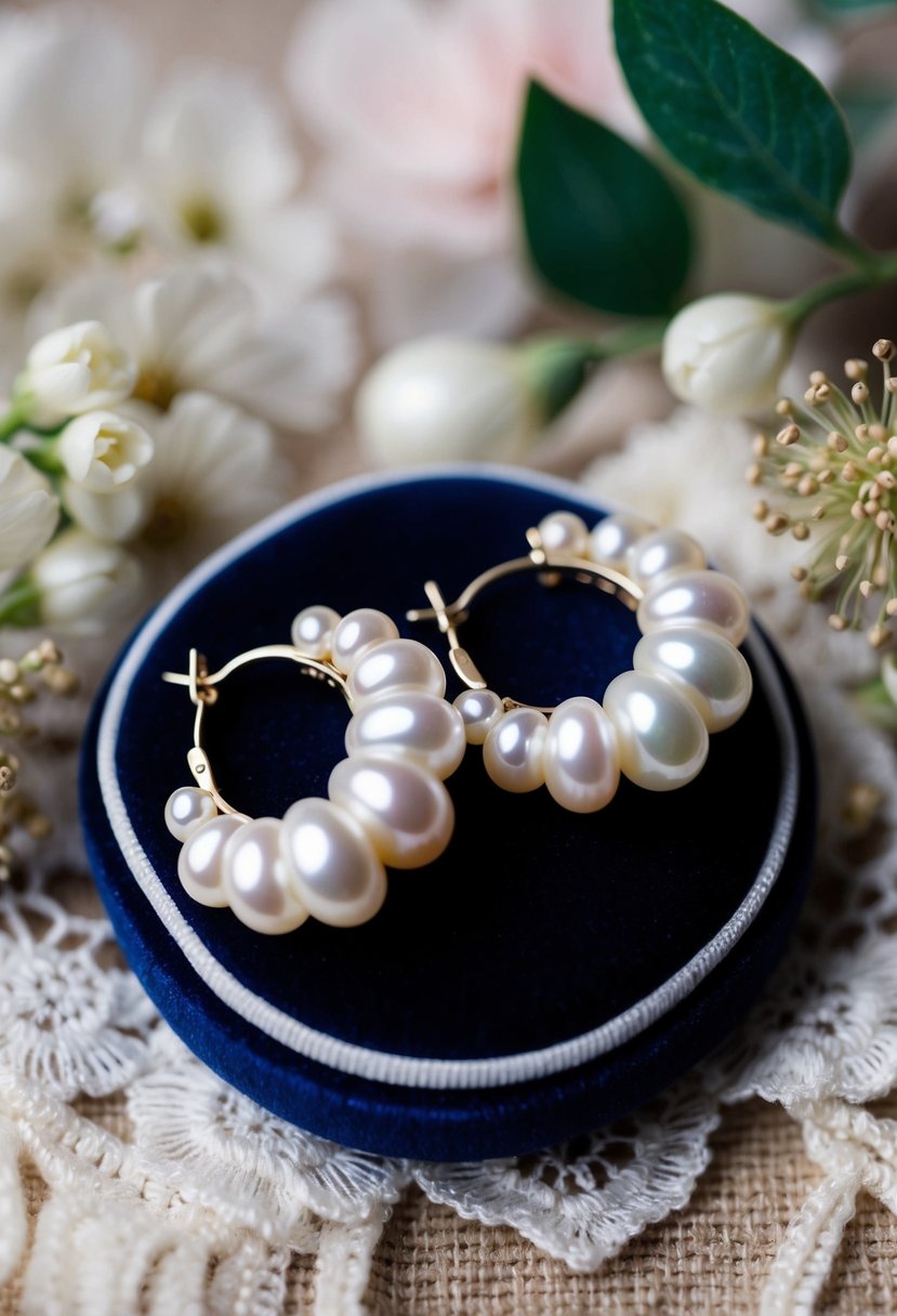 A close-up of freshwater pearl huggie earrings on a velvet cushion, surrounded by delicate lace and floral details