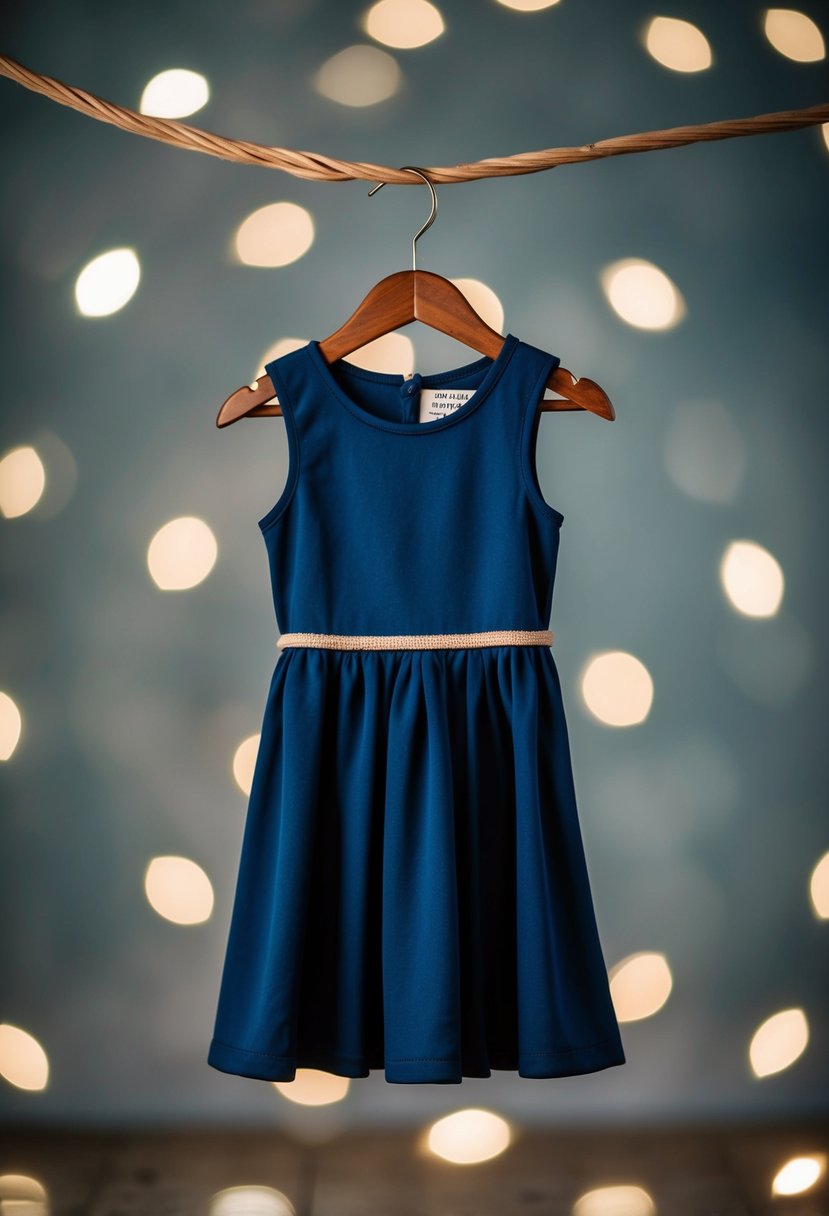 A navy blue A-line kids dress hanging on a vintage wooden hanger