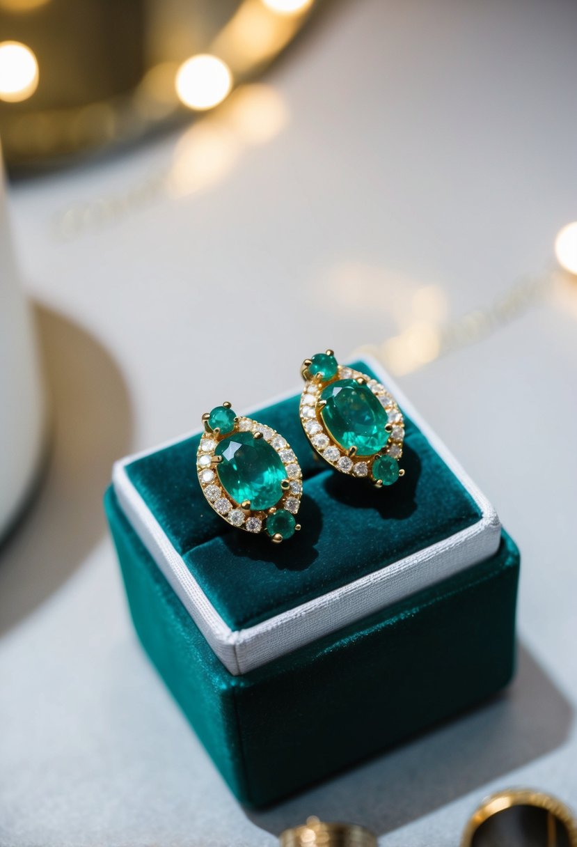 A close-up of emerald stud earrings on a velvet jewelry display, with soft lighting to highlight their luxurious sparkle