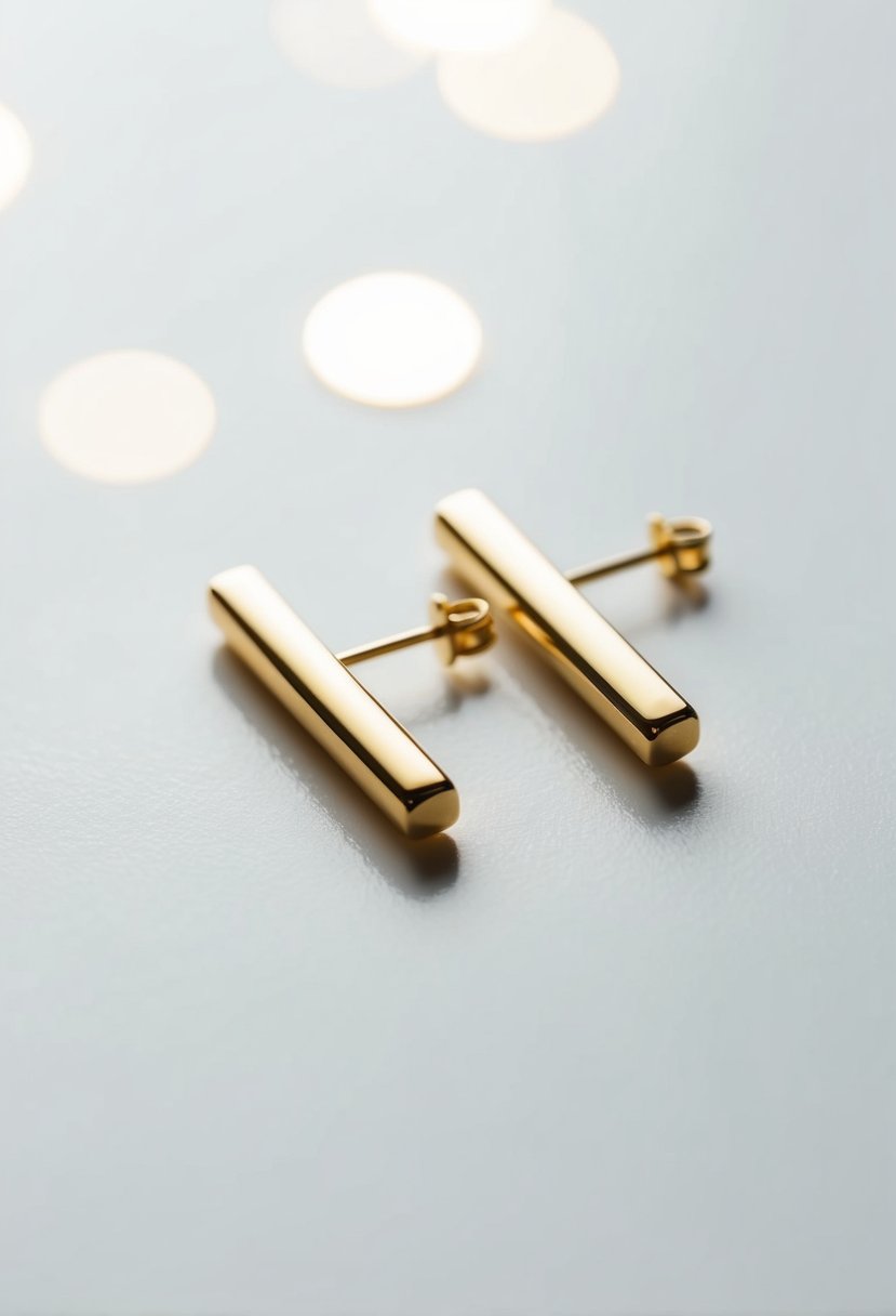 Two simple gold bar earrings on a white background