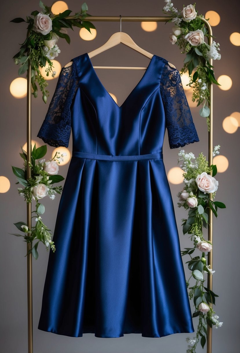 A navy satin dress with lace sleeves hangs on a hanger, surrounded by delicate floral accents and soft lighting