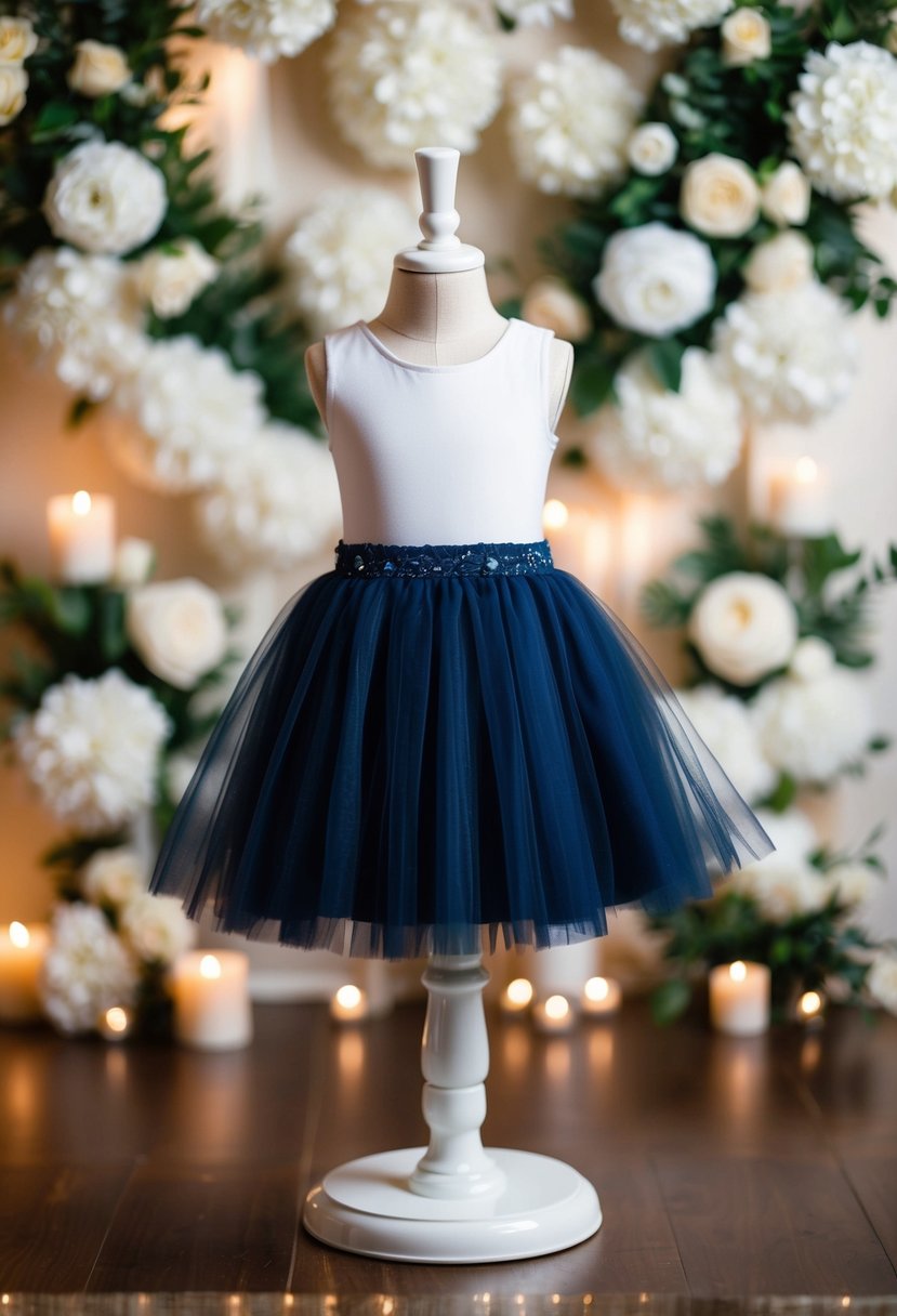 A toddler navy tulle skirt dress displayed on a mannequin against a backdrop of elegant wedding decor