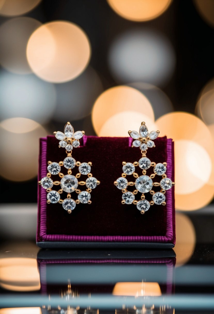 A pair of gold earrings with crystal accents displayed on a velvet cushion