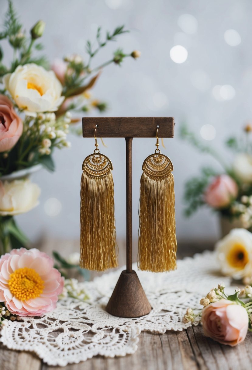 A pair of Bohemian Gold Tassel Earrings hanging from a rustic wooden earring stand, surrounded by delicate floral arrangements and vintage lace