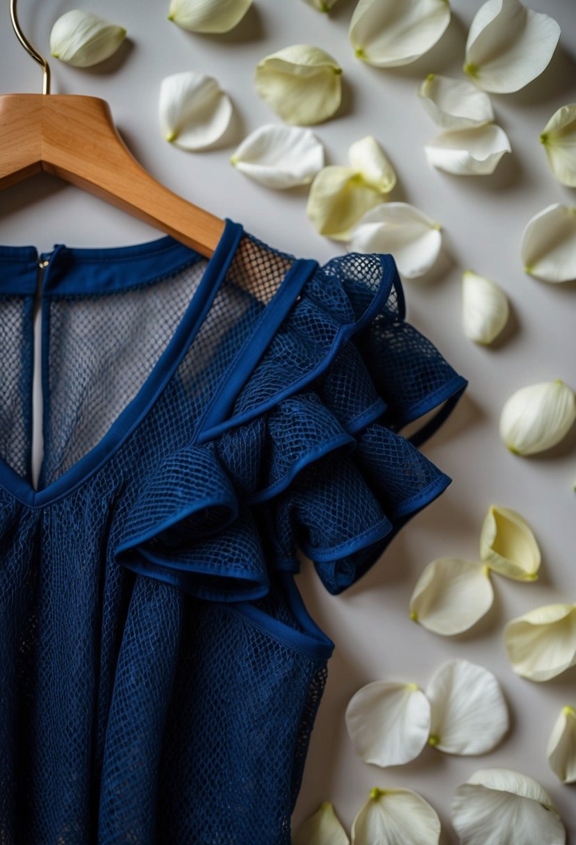 A navy blue ruffle sleeve mesh dress hanging on a hanger, surrounded by delicate flower petals