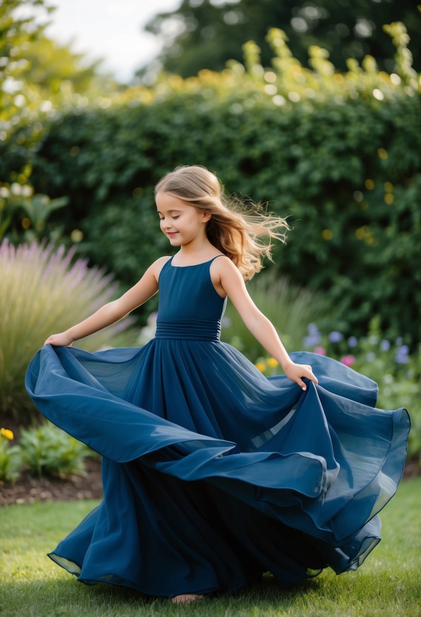 A young girl twirls in a flowing navy blue gown, the fabric billowing around her as she spins in a garden