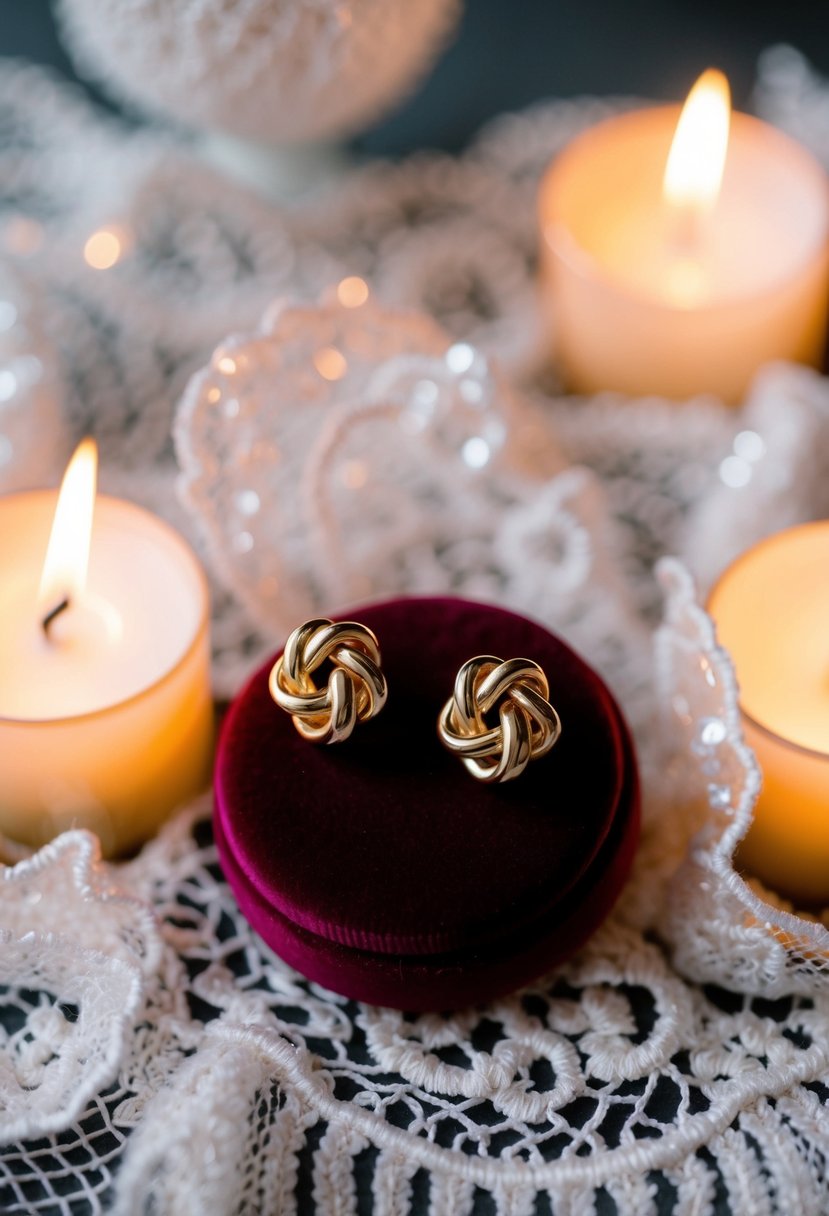 A pair of gold knot stud earrings displayed on a velvet cushion, surrounded by delicate lace and shimmering in soft candlelight