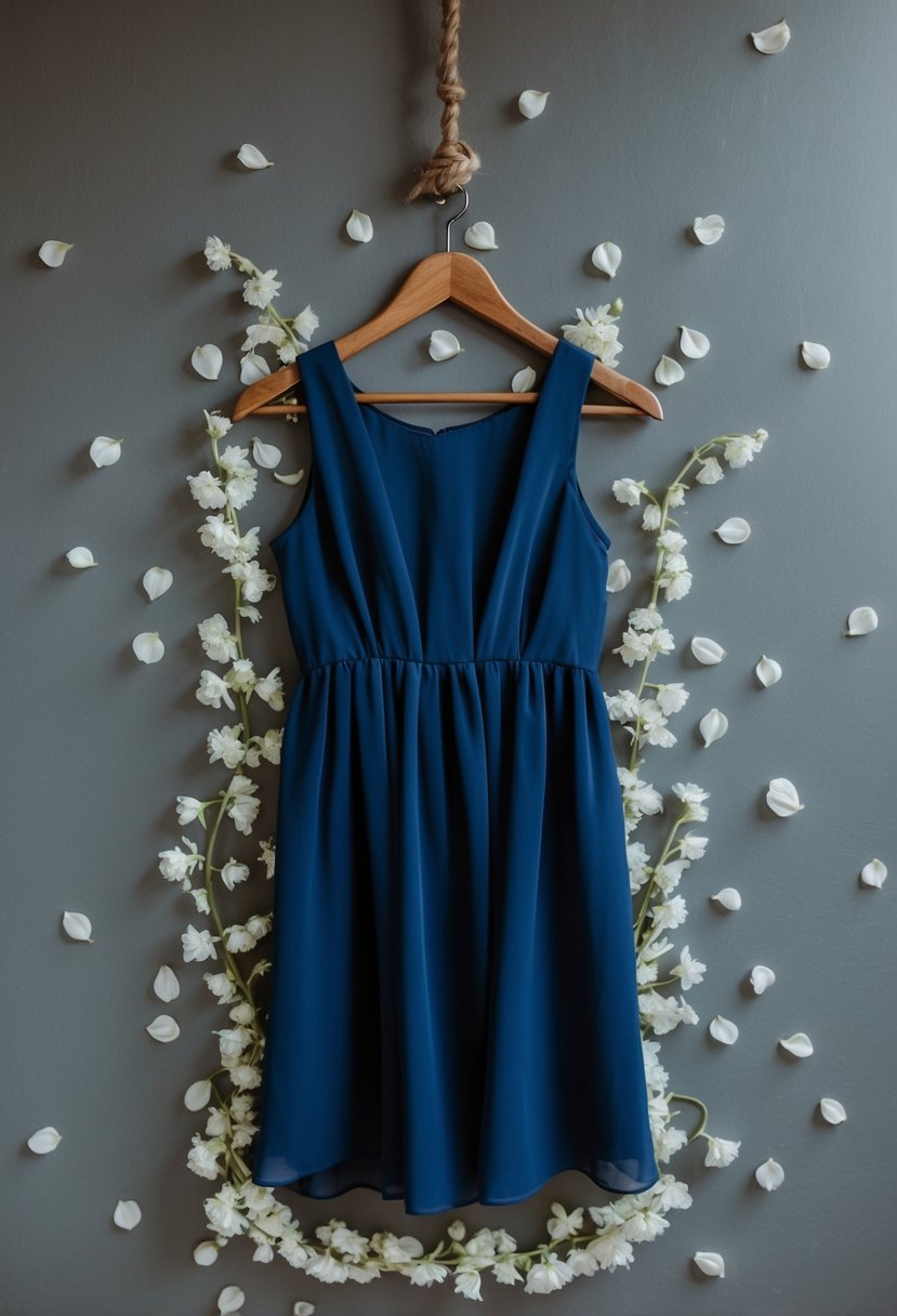 A simple navy blue chiffon dress hanging on a rustic wooden hanger, surrounded by delicate white flower petals