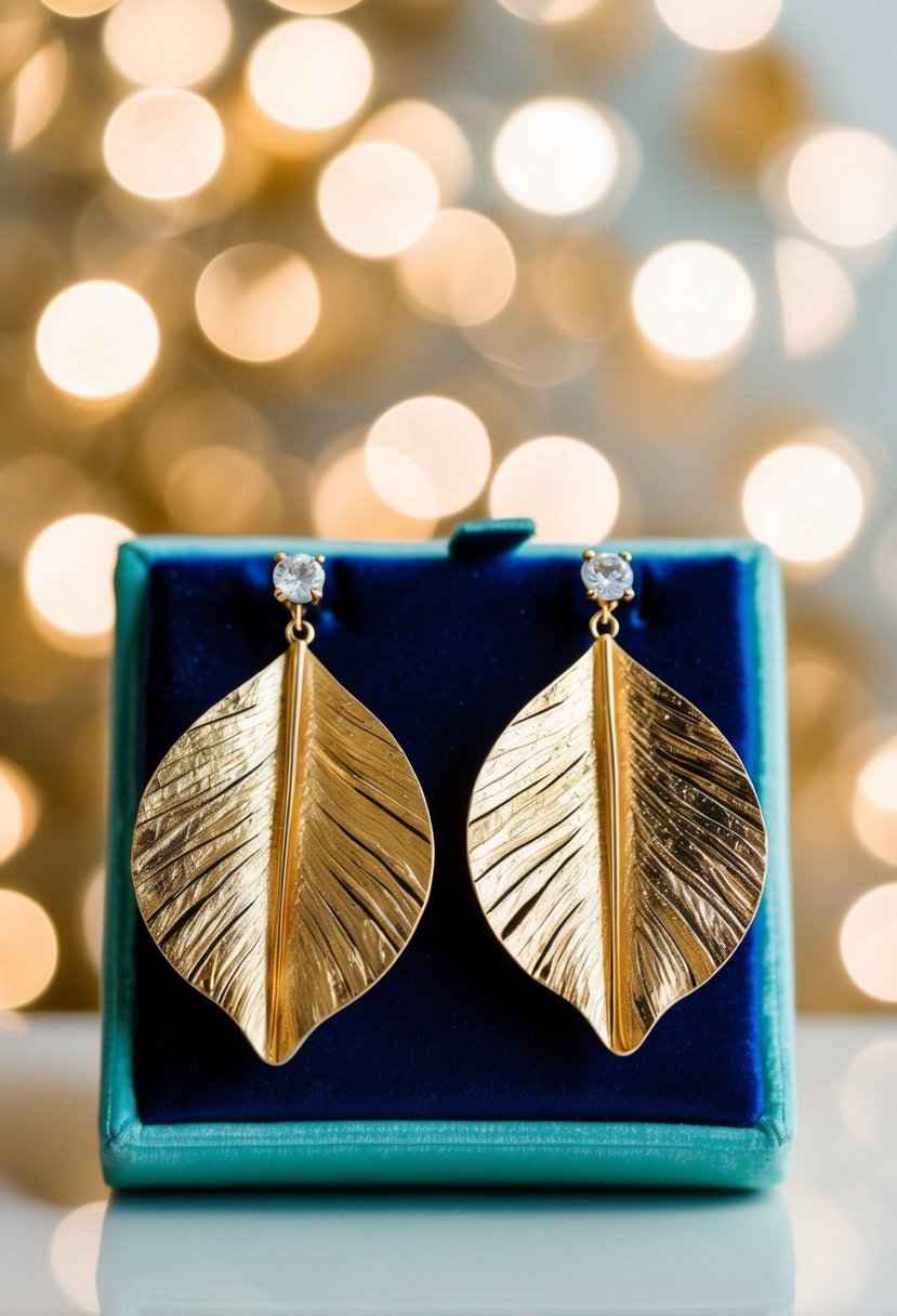 A pair of elegant gold leaf earrings displayed on a velvet cushion